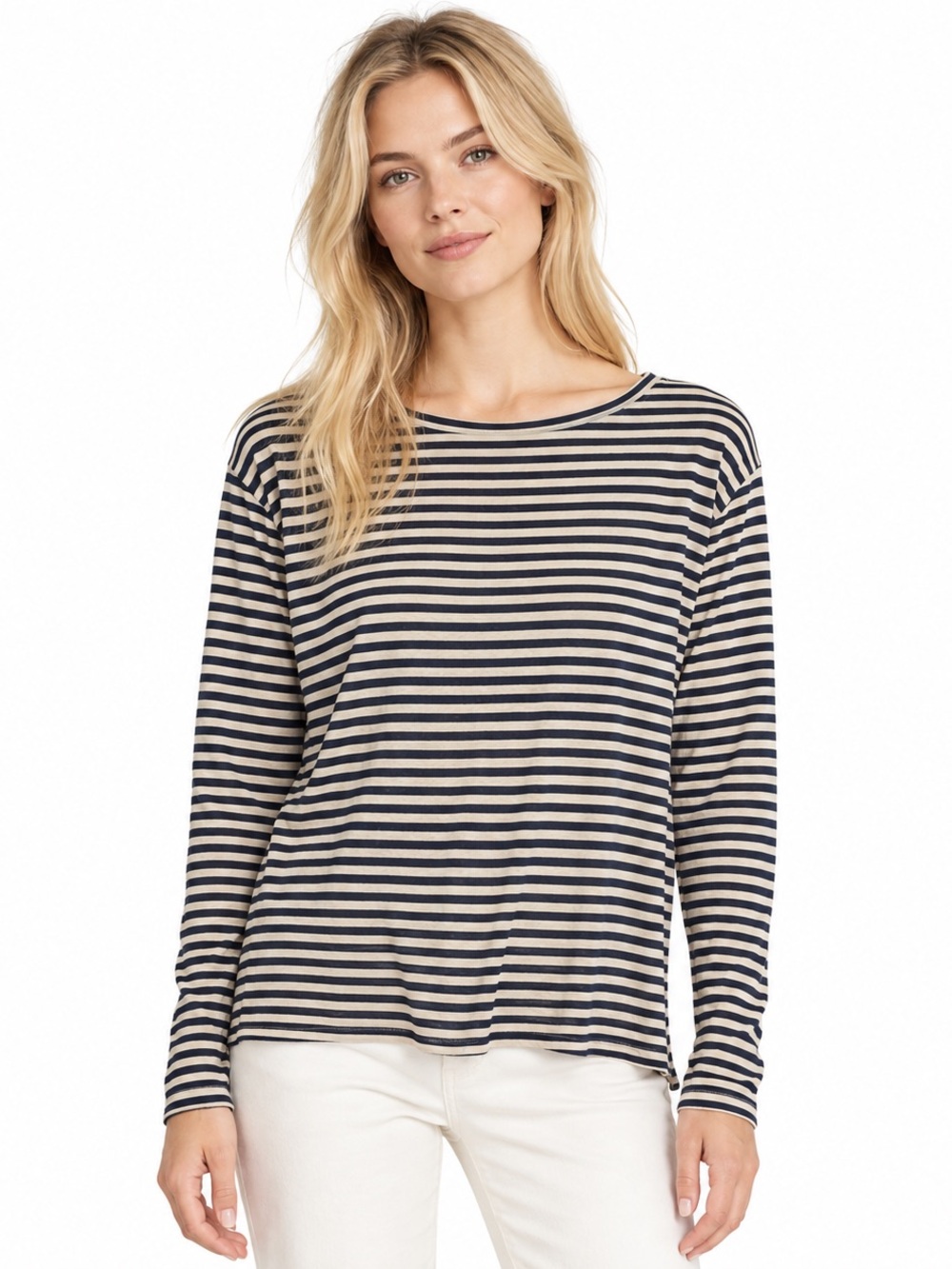 Vince Silk Blend Striped Long Sleeve Top Navy Cream Size L